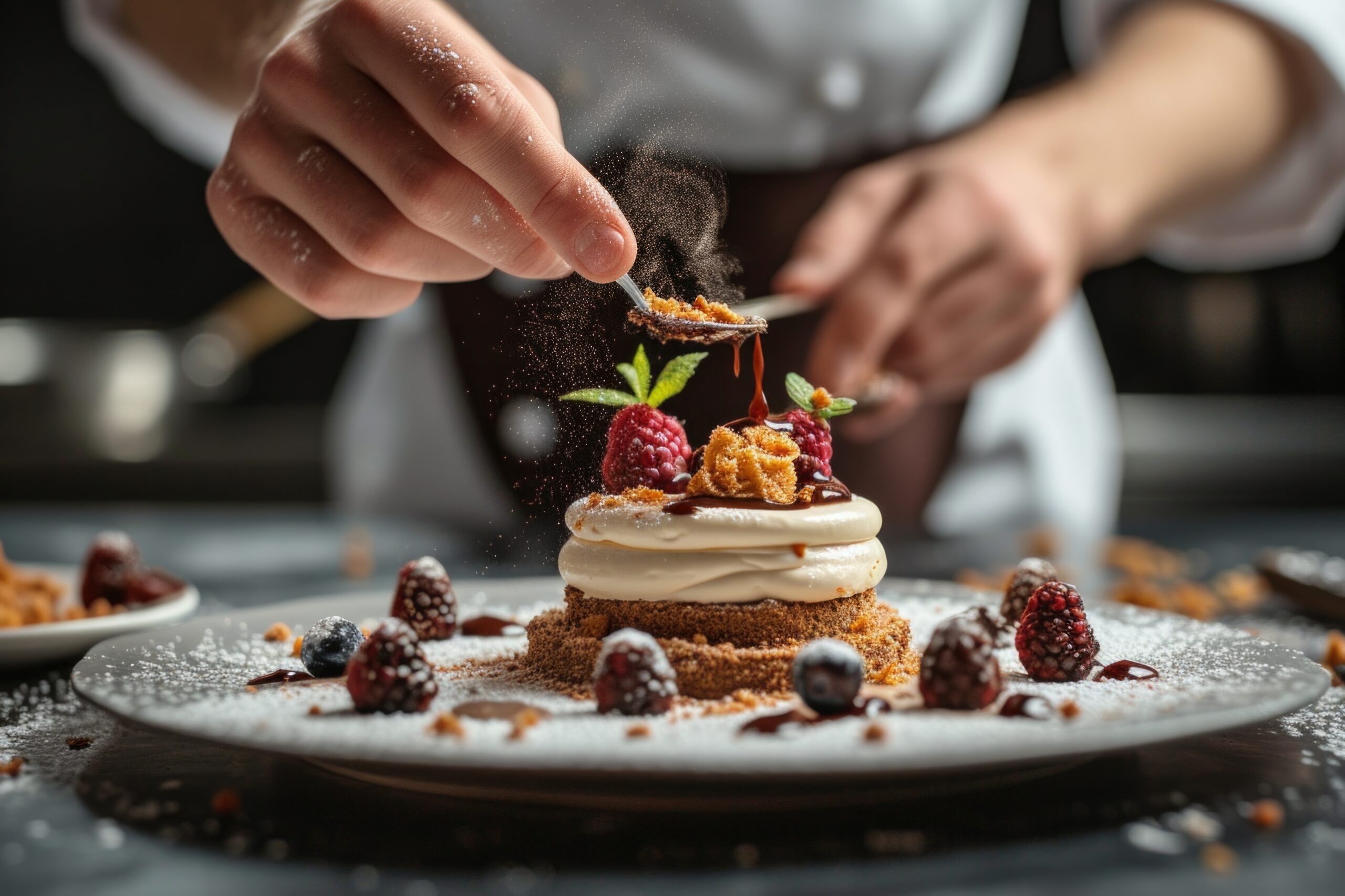 A pastry chef arranging edible flowers on a stunning wedding cake